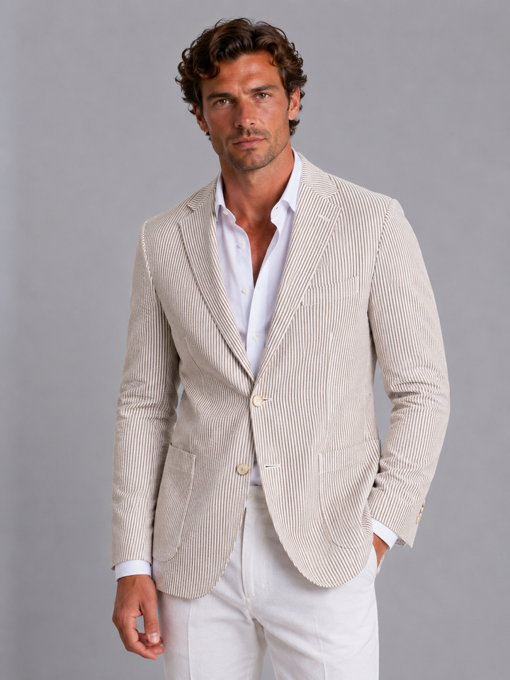 Heren Gestreepte Zomerblazer - Lichte Tailored Jasje - Khaki