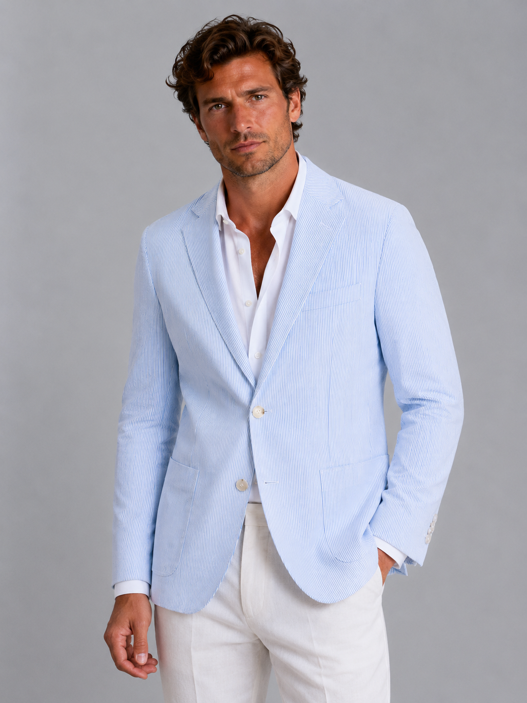 Heren Gestreepte Zomerblazer - Lichte Tailored Jasje - Lichtblauw