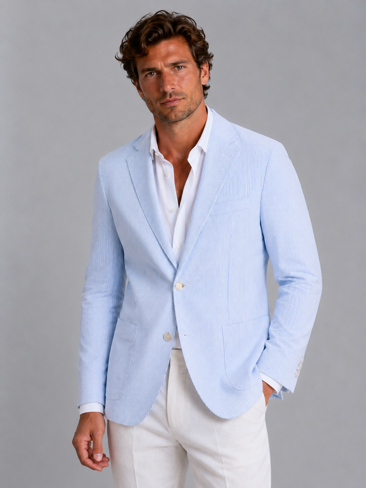 Heren Gestreepte Zomerblazer - Lichte Tailored Jasje - Lichtblauw