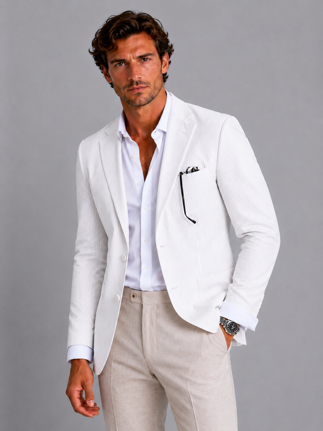 Heren Gestreepte Zomerblazer - Lichte Tailored Jasje - Wit