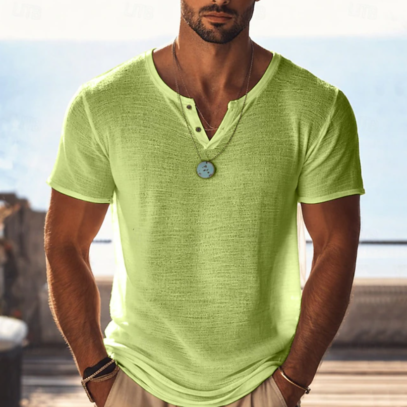 Heren Gestructureerd Henley T-Shirt - Zomerse Pasvorm - Geelgroen