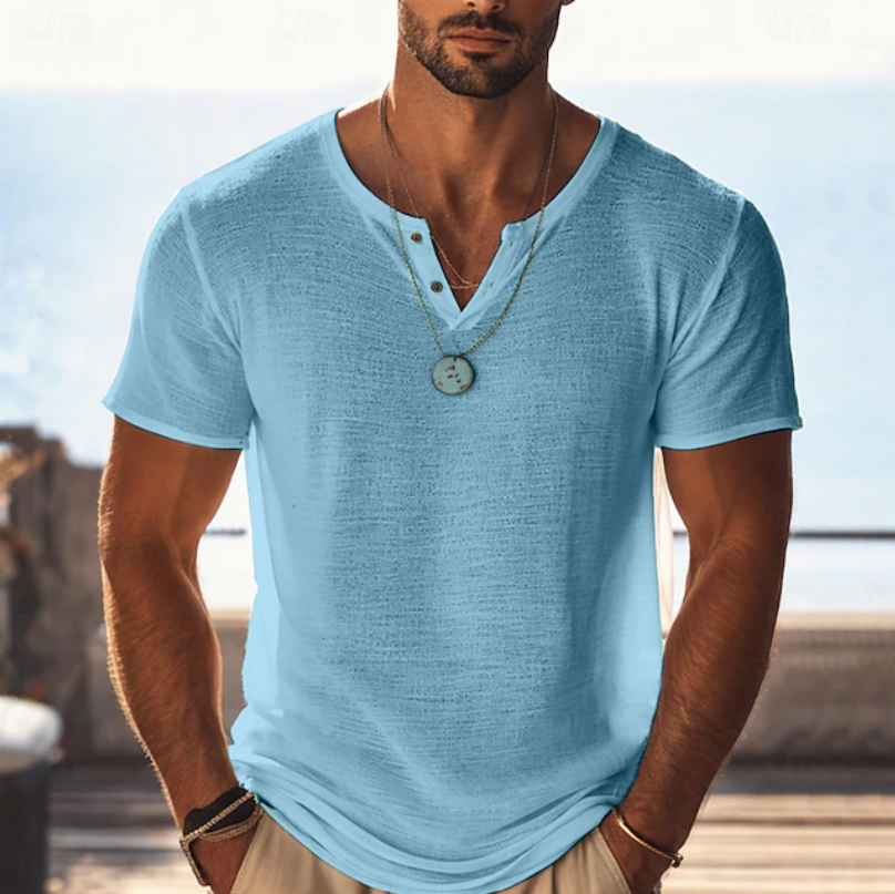 Heren Gestructureerd Henley T-Shirt - Zomerse Pasvorm - Lichtblauw