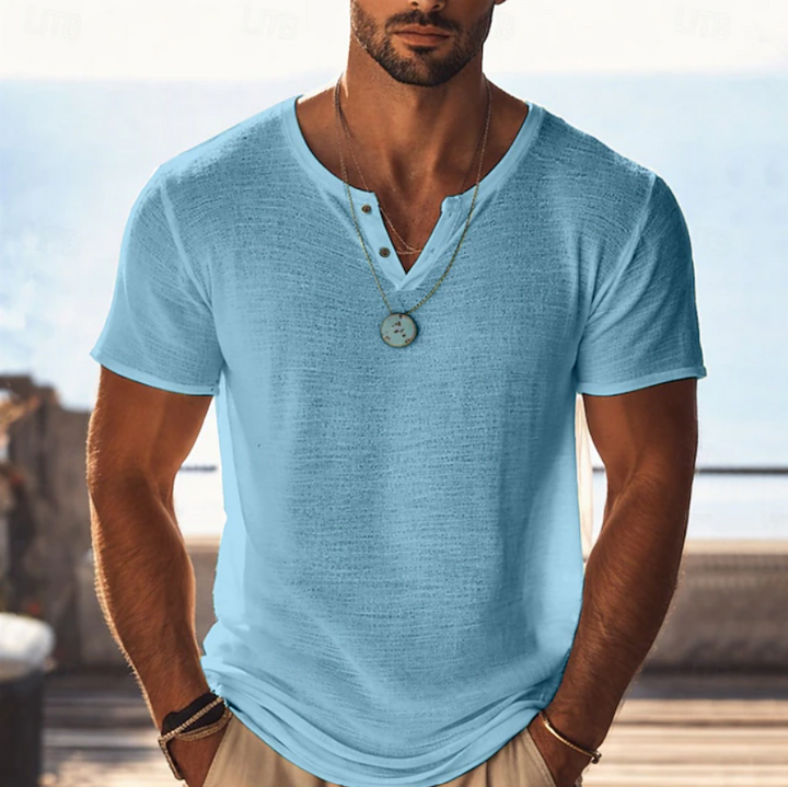 Heren Gestructureerd Henley T-Shirt - Zomerse Pasvorm - Lichtblauw