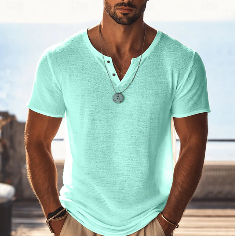 Heren Gestructureerd Henley T-Shirt - Zomerse Pasvorm - Lichtgroen