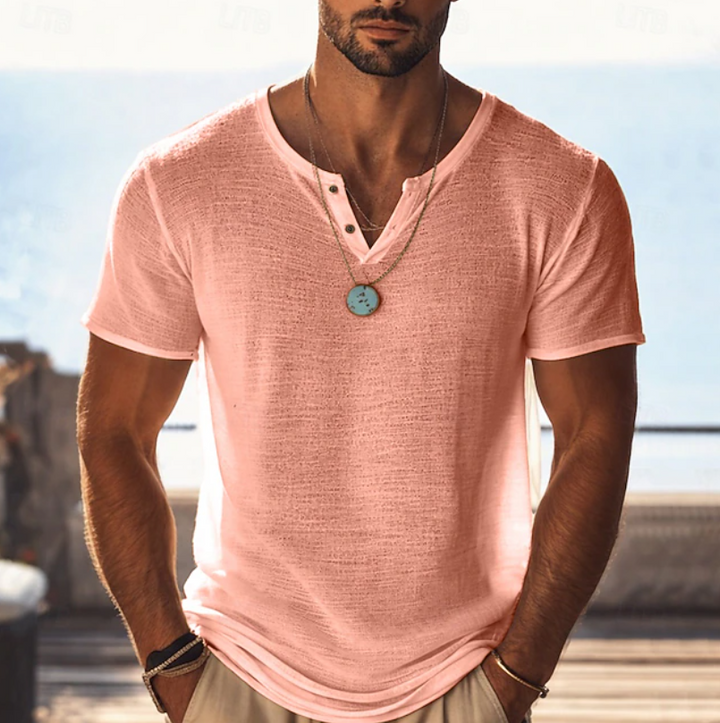 Heren Gestructureerd Henley T-Shirt - Zomerse Pasvorm - Oranje