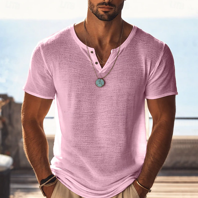 Heren Gestructureerd Henley T-Shirt - Zomerse Pasvorm - Roze
