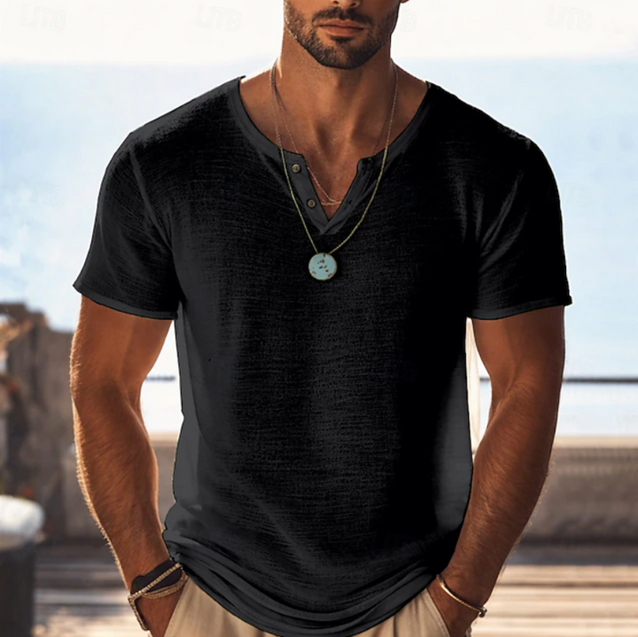 Heren Gestructureerd Henley T-Shirt - Zomerse Pasvorm - Zwart