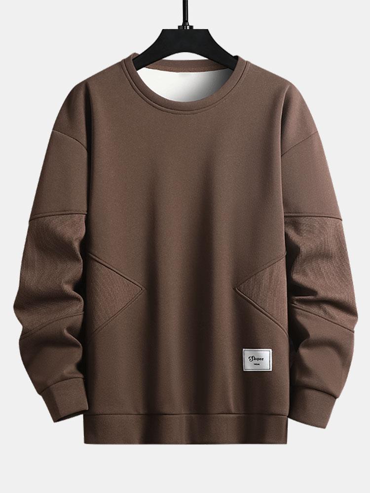 Heren Gestructureerde Patchwork Crew Neck Sweatshirt in bruin, Relaxed Fit