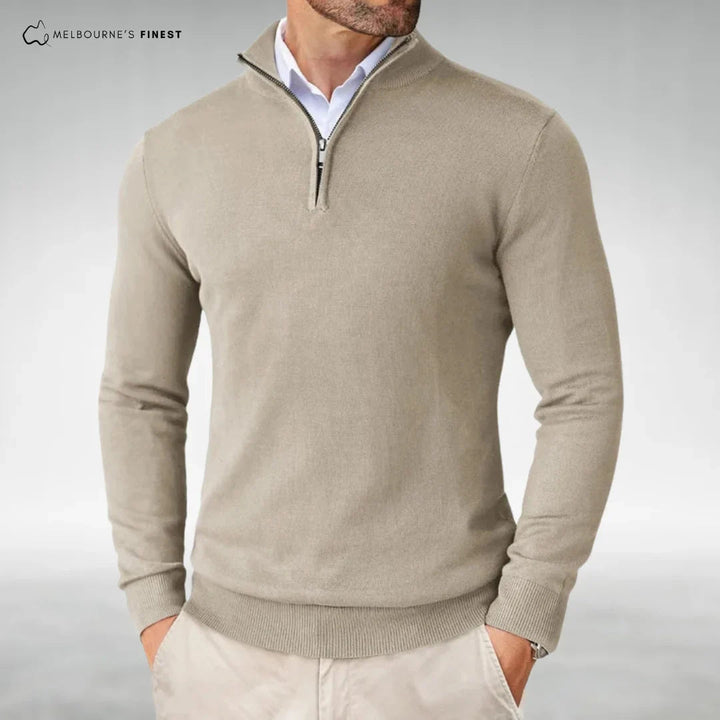 Heren Half-Zip Mock-Neck Gebreide Trui in beige, Klassieke Stijl