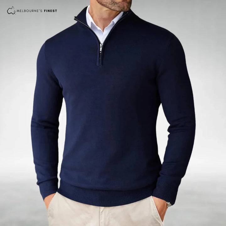 Heren Half-Zip Mock-Neck Gebreide Trui in marineblauw, Klassieke Stijl