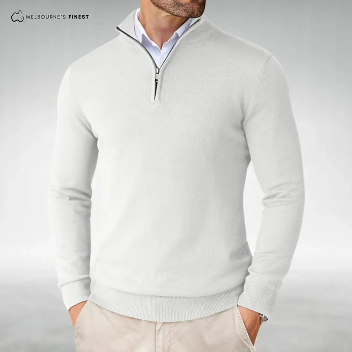 Heren Half-Zip Mock-Neck Gebreide Trui in wit, Klassieke Stijl