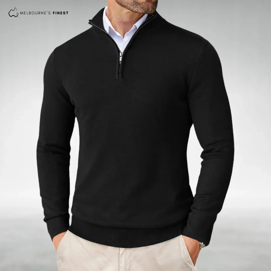 Heren Half-Zip Mock-Neck Gebreide Trui in zwart, Klassieke Stijl