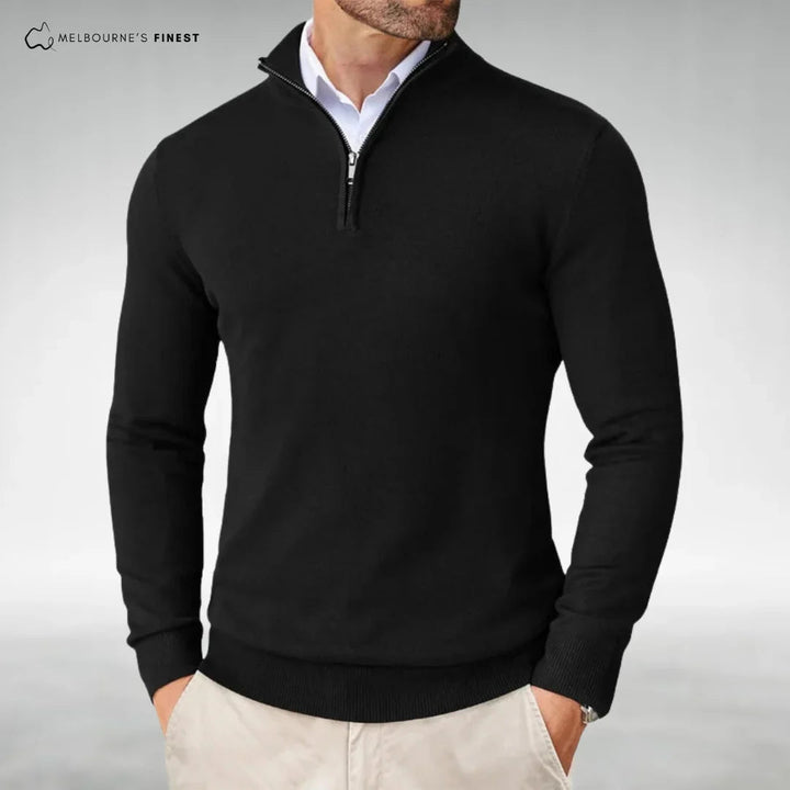 Heren Half-Zip Mock-Neck Gebreide Trui in zwart, Klassieke Stijl