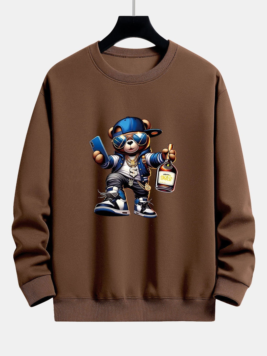 Heren Hip Hop Teddy Bear Grafisch Sweatshirt in donkerbruin, Relaxed Fit