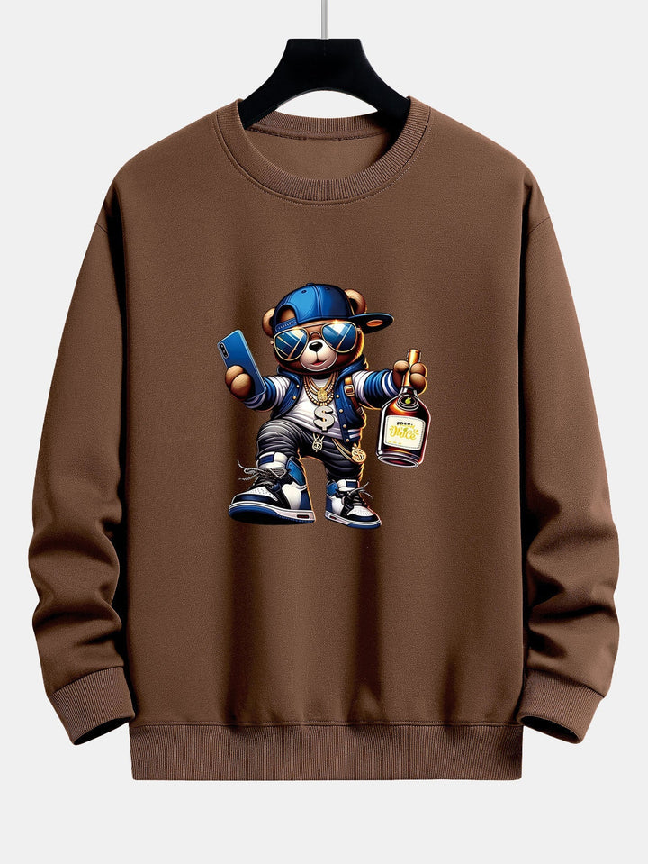 Heren Hip Hop Teddy Bear Grafisch Sweatshirt in donkerbruin, Relaxed Fit