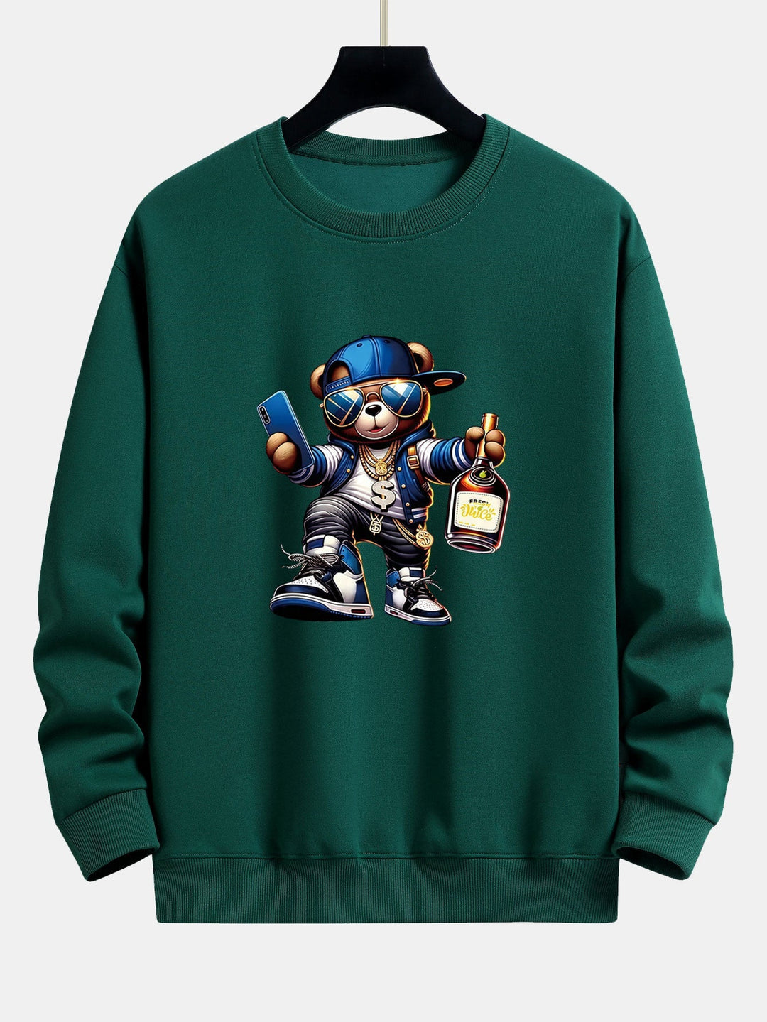 Heren Hip Hop Teddy Bear Grafisch Sweatshirt in donkergroen, Relaxed Fit