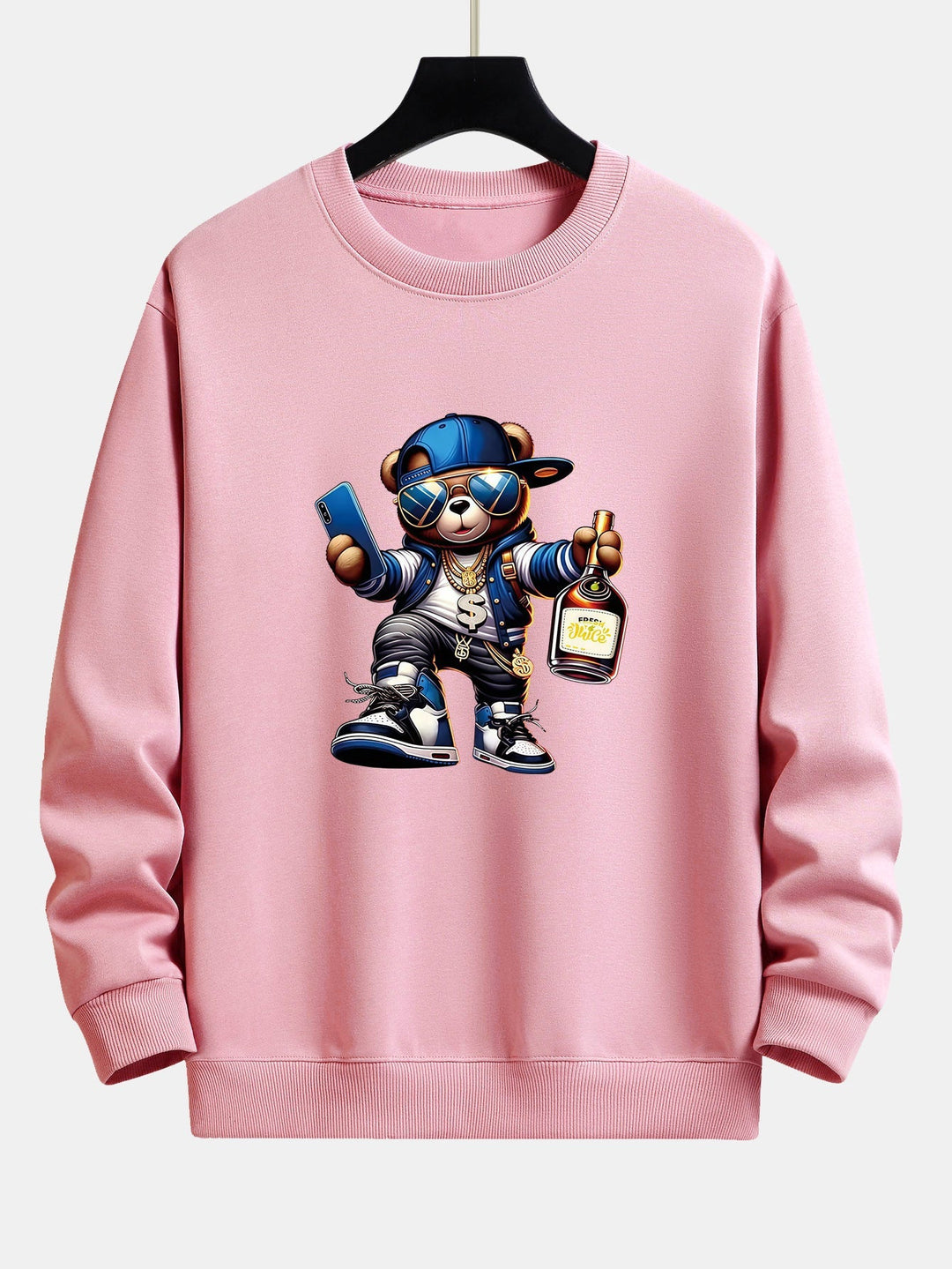 Heren Hip Hop Teddy Bear Grafisch Sweatshirt in lichtroze, Relaxed Fit