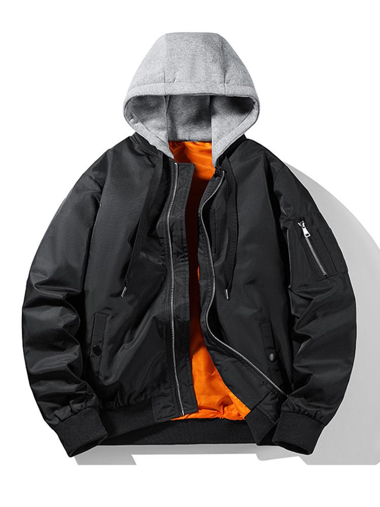 Heren Hooded Bomber Jacket Contrast Lining in zwart, Regular Fit