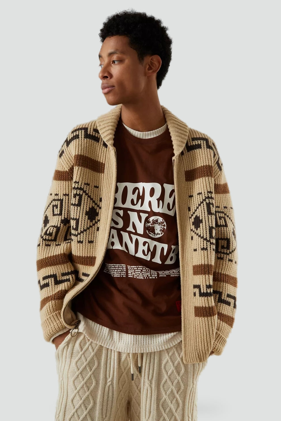 Heren Jacquard Gebreide Cardigan met Sjaalkraag - Kaki