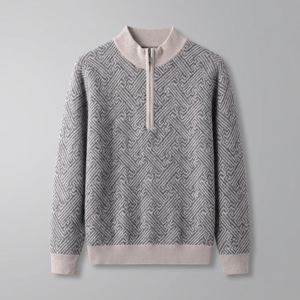 Heren Jacquard Quarter-Zip Trui in beige, Geometrisch Patroon