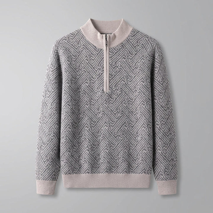 Heren Jacquard Quarter-Zip Trui in beige, Geometrisch Patroon