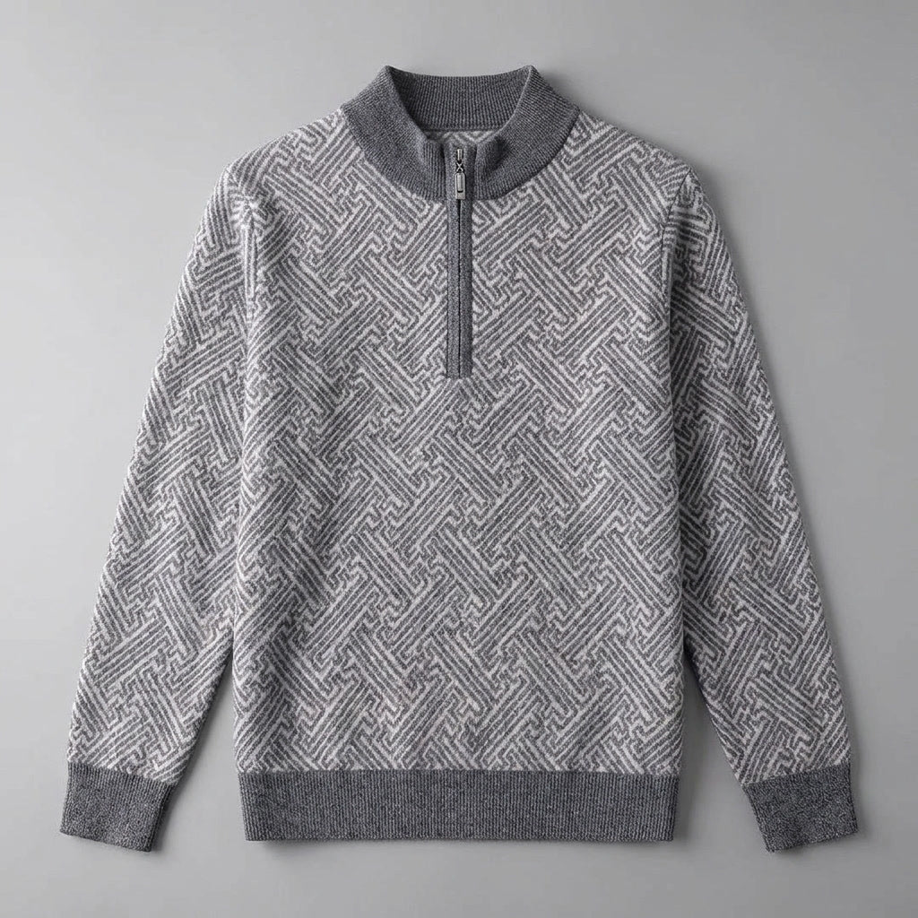 Heren Jacquard Quarter-Zip Trui in grijs, Geometrisch Patroon
