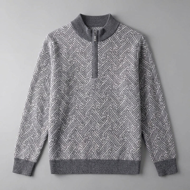 Heren Jacquard Quarter-Zip Trui in grijs, Geometrisch Patroon
