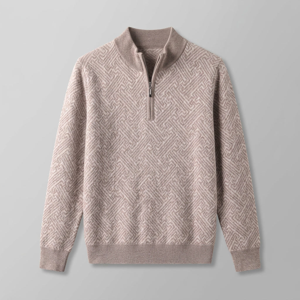 Heren Jacquard Quarter-Zip Trui in khaki, Geometrisch Patroon