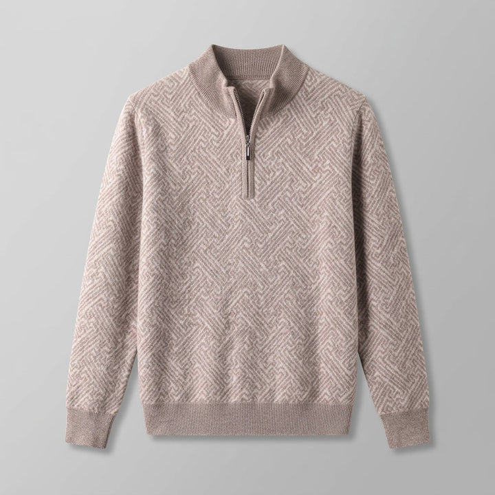 Heren Jacquard Quarter-Zip Trui in khaki, Geometrisch Patroon