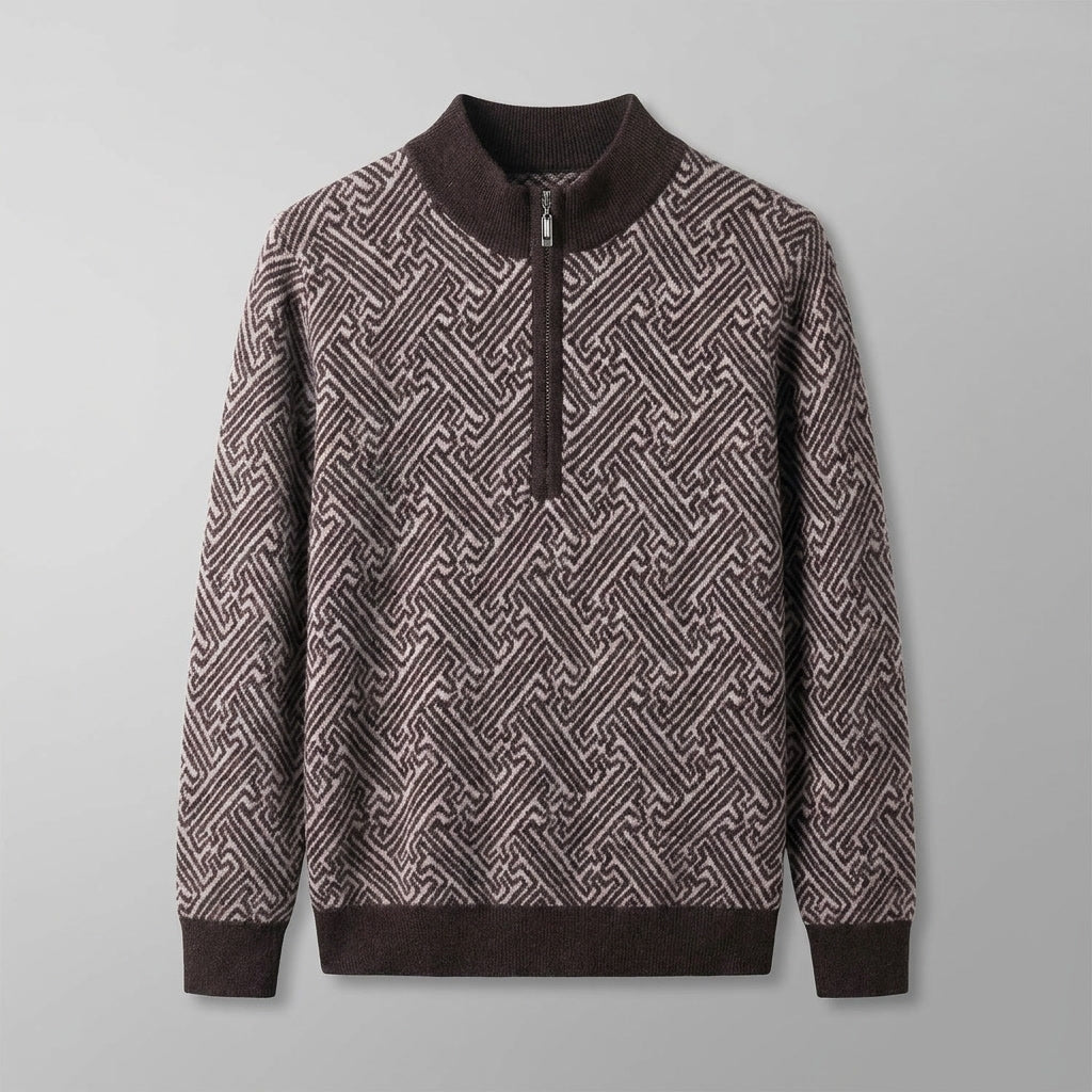 Heren Jacquard Quarter-Zip Trui in koffie, Geometrisch Patroon