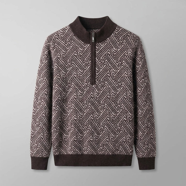 Heren Jacquard Quarter-Zip Trui in koffie, Geometrisch Patroon