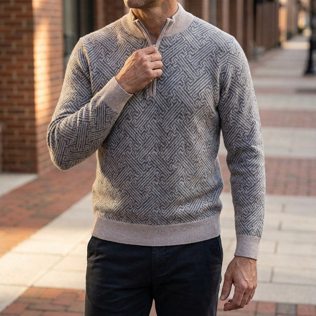 Heren Jacquard Quarter-Zip Trui - Geometrisch Patroon