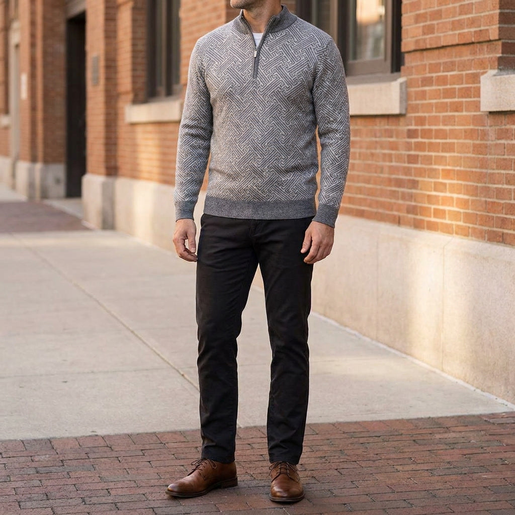 Heren Jacquard Quarter-Zip Trui - Geometrisch Patroon