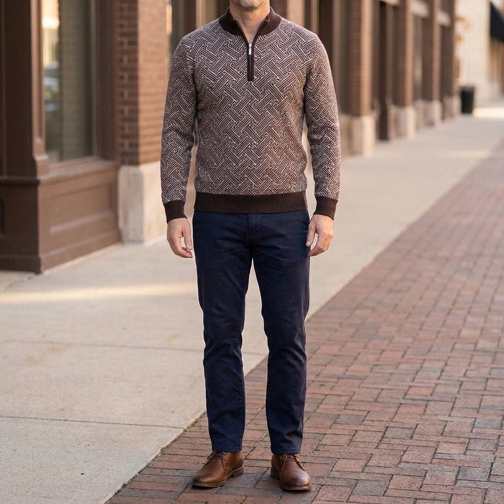 Heren Jacquard Quarter-Zip Trui - Geometrisch Patroon