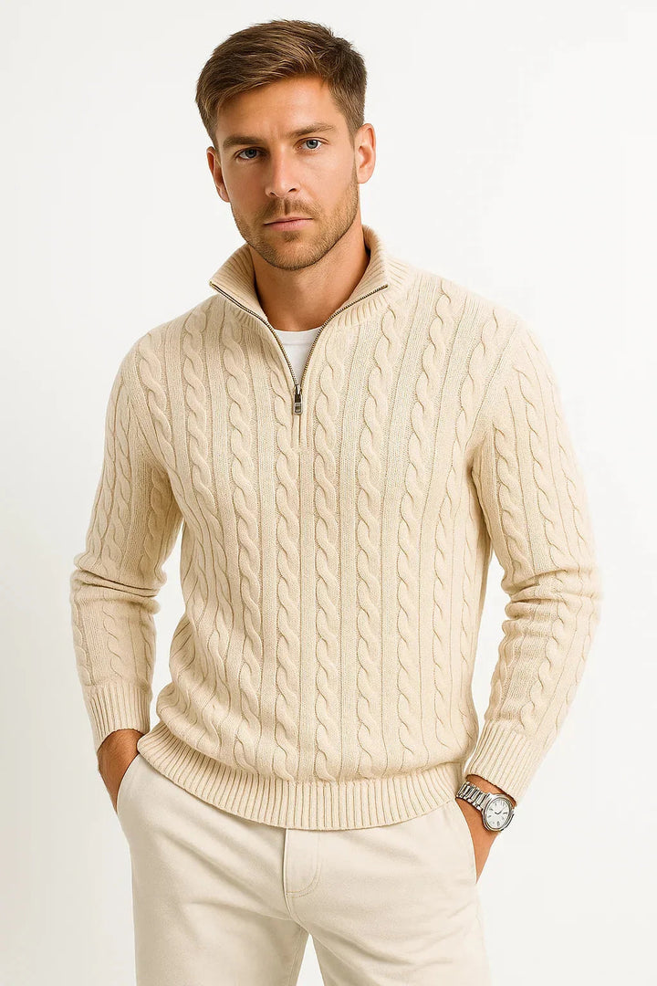 Heren Kabelgebreide Half-Zip Trui in beige, Klassieke Structuur
