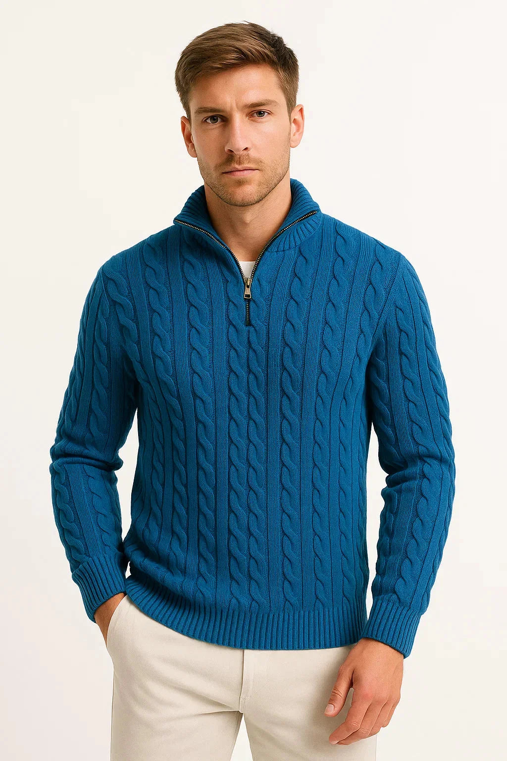 Heren Kabelgebreide Half-Zip Trui in blauw, Klassieke Structuur