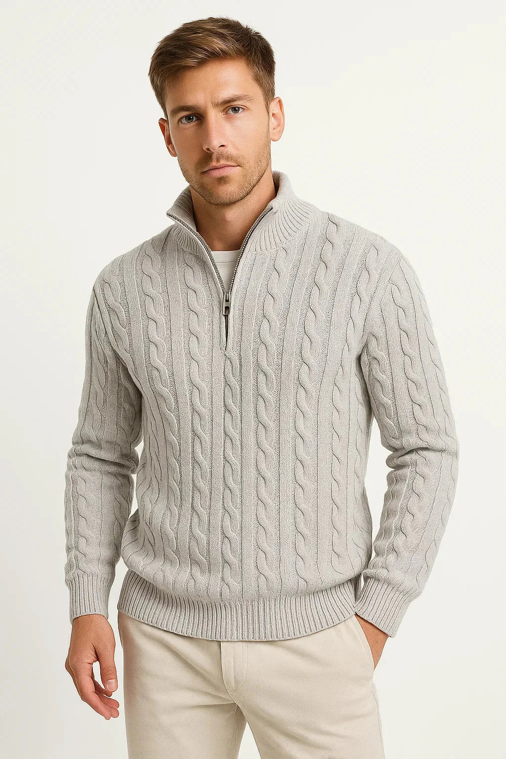 Heren Kabelgebreide Half-Zip Trui in lichtgrijs, Klassieke Structuur