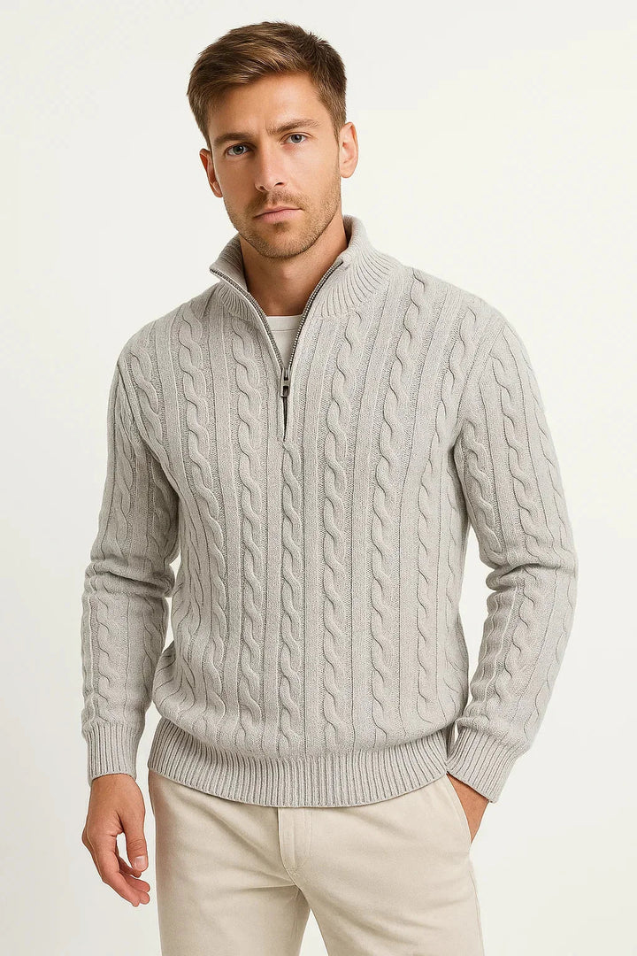 Heren Kabelgebreide Half-Zip Trui in lichtgrijs, Klassieke Structuur