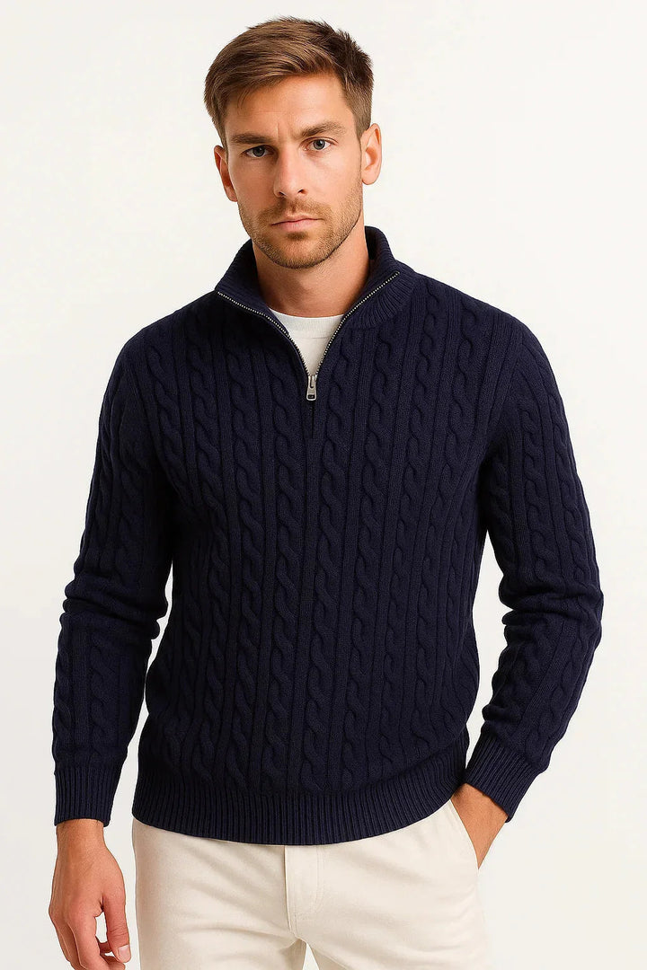 Heren Kabelgebreide Half-Zip Trui in marineblauw, Klassieke Structuur