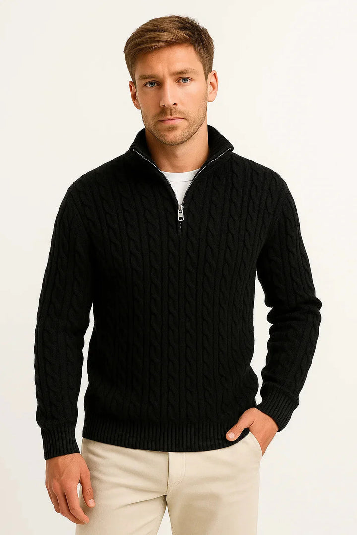 Heren Kabelgebreide Half-Zip Trui in zwart, Klassieke Structuur