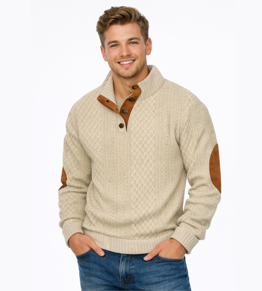 Heren Kabelgebreide Trui met Kraagknoppen in beige, Klassieke Stijl