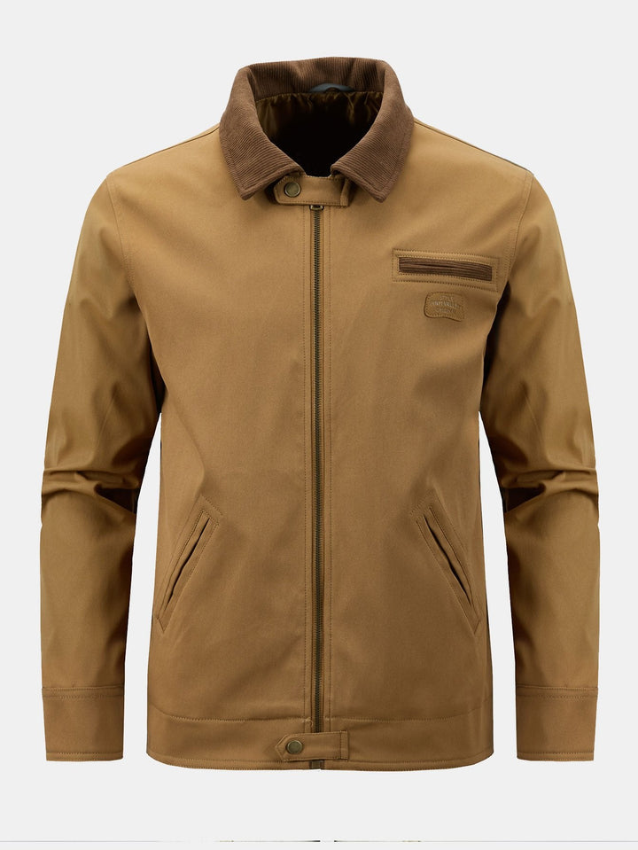 Heren katoenen ritsjack met corduroy kraag in bruin, Klassieke werkstijl