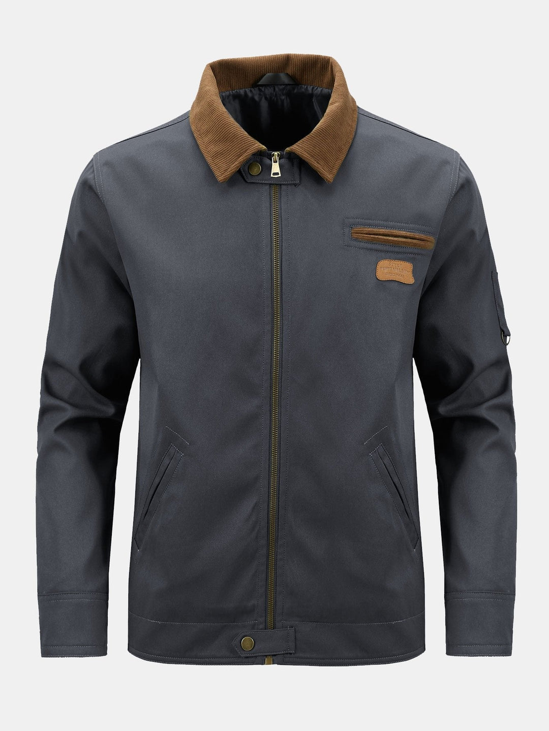 Heren katoenen ritsjack met corduroy kraag in donkergrijs, Klassieke werkstijl