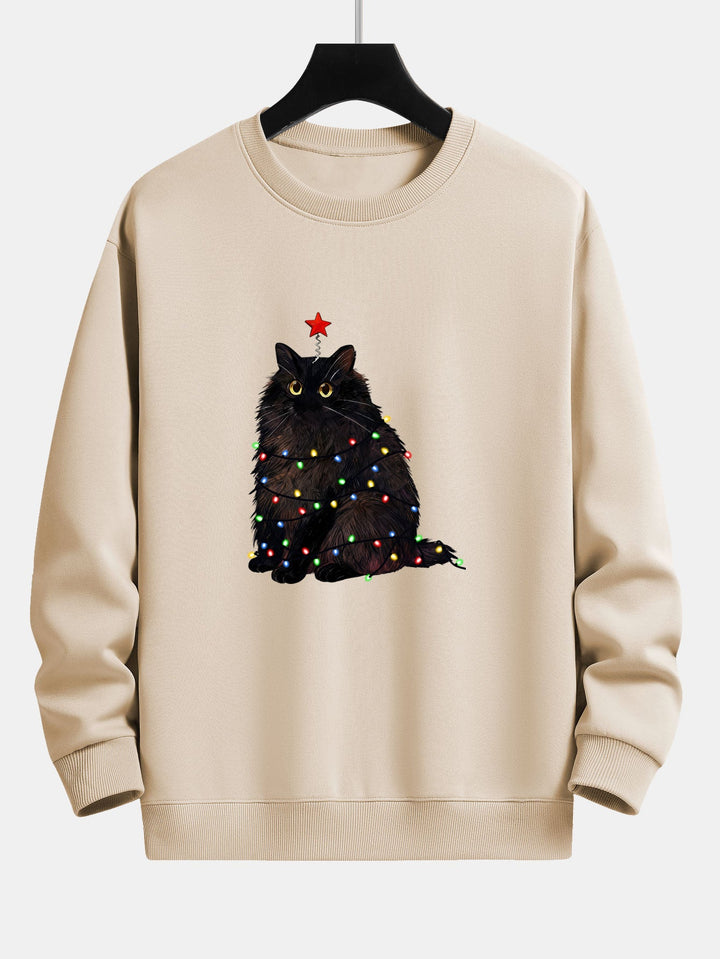 Heren Kerstkat Print Sweatshirt in beige, Gezellige Feestelijke Trui