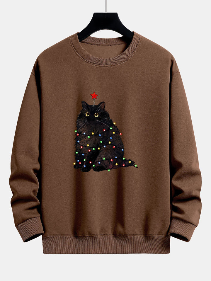 Heren Kerstkat Print Sweatshirt in bruin, Gezellige Feestelijke Trui