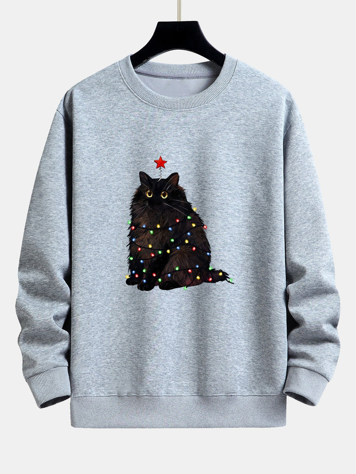 Heren Kerstkat Print Sweatshirt in grijs, Gezellige Feestelijke Trui