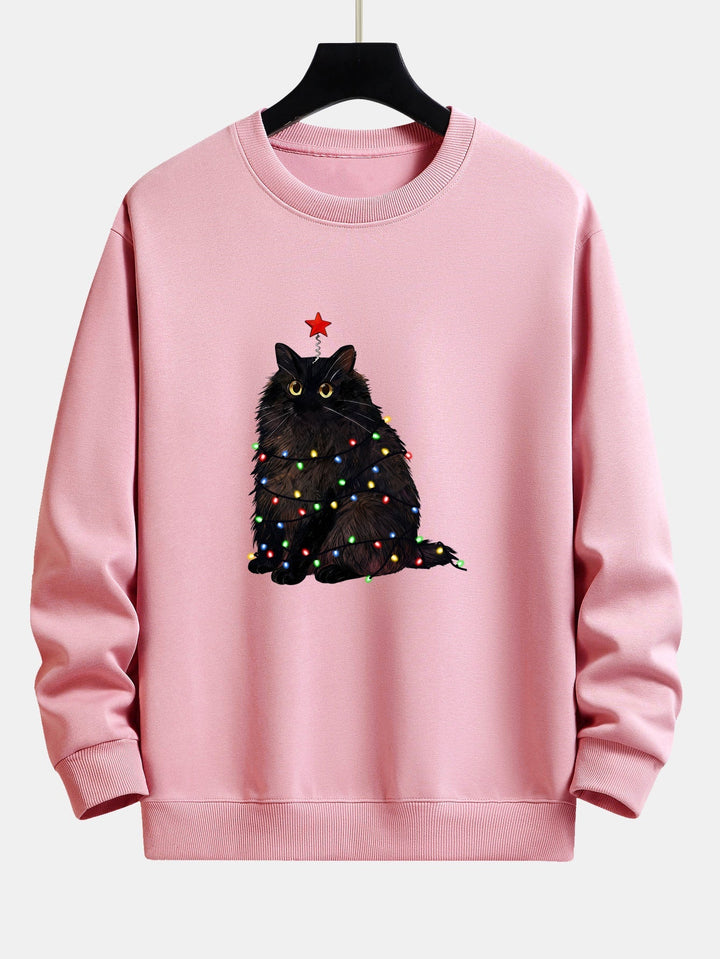 Heren Kerstkat Print Sweatshirt in lichtroze, Gezellige Feestelijke Trui