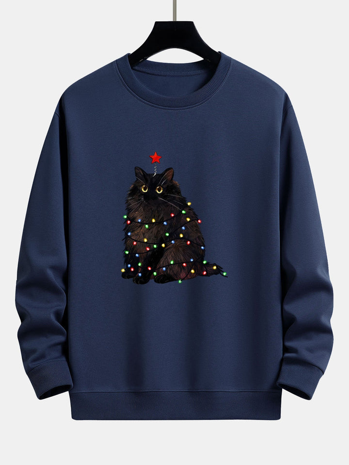 Heren Kerstkat Print Sweatshirt in marineblauw, Gezellige Feestelijke Trui