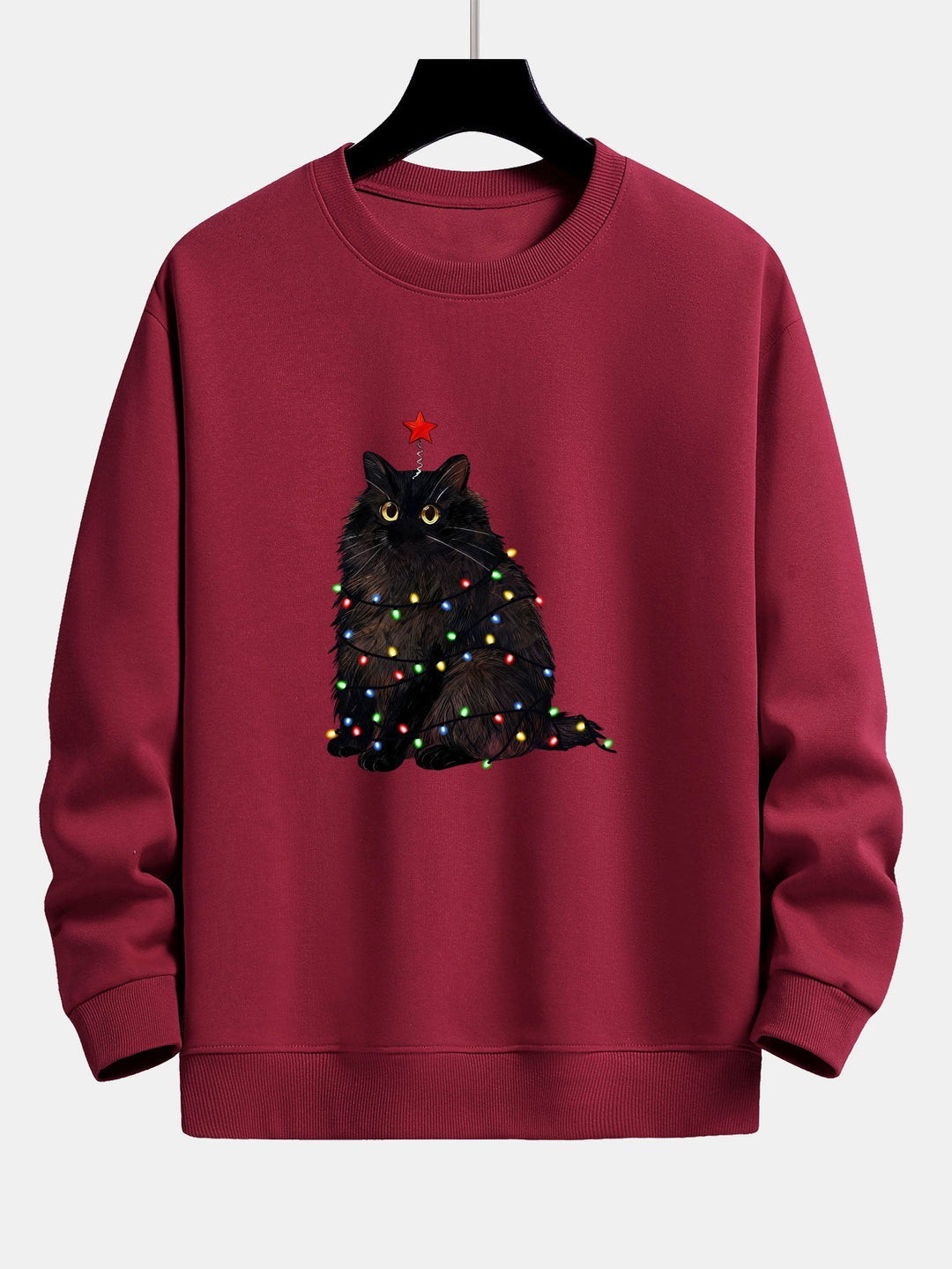 Heren Kerstkat Print Sweatshirt in wijnrood, Gezellige Feestelijke Trui