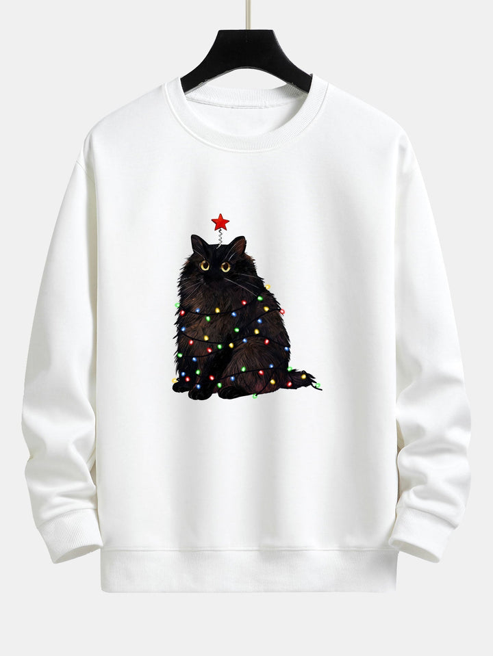 Heren Kerstkat Print Sweatshirt in wit, Gezellige Feestelijke Trui